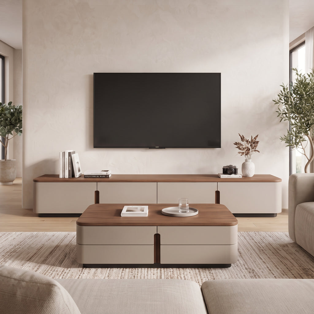 Ensemble table basse et meuble TV bois massif et cuir sellier, 180 ou 200 cm