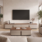 Ensemble table basse et meuble TV bois massif et cuir sellier, 180 ou 200 cm