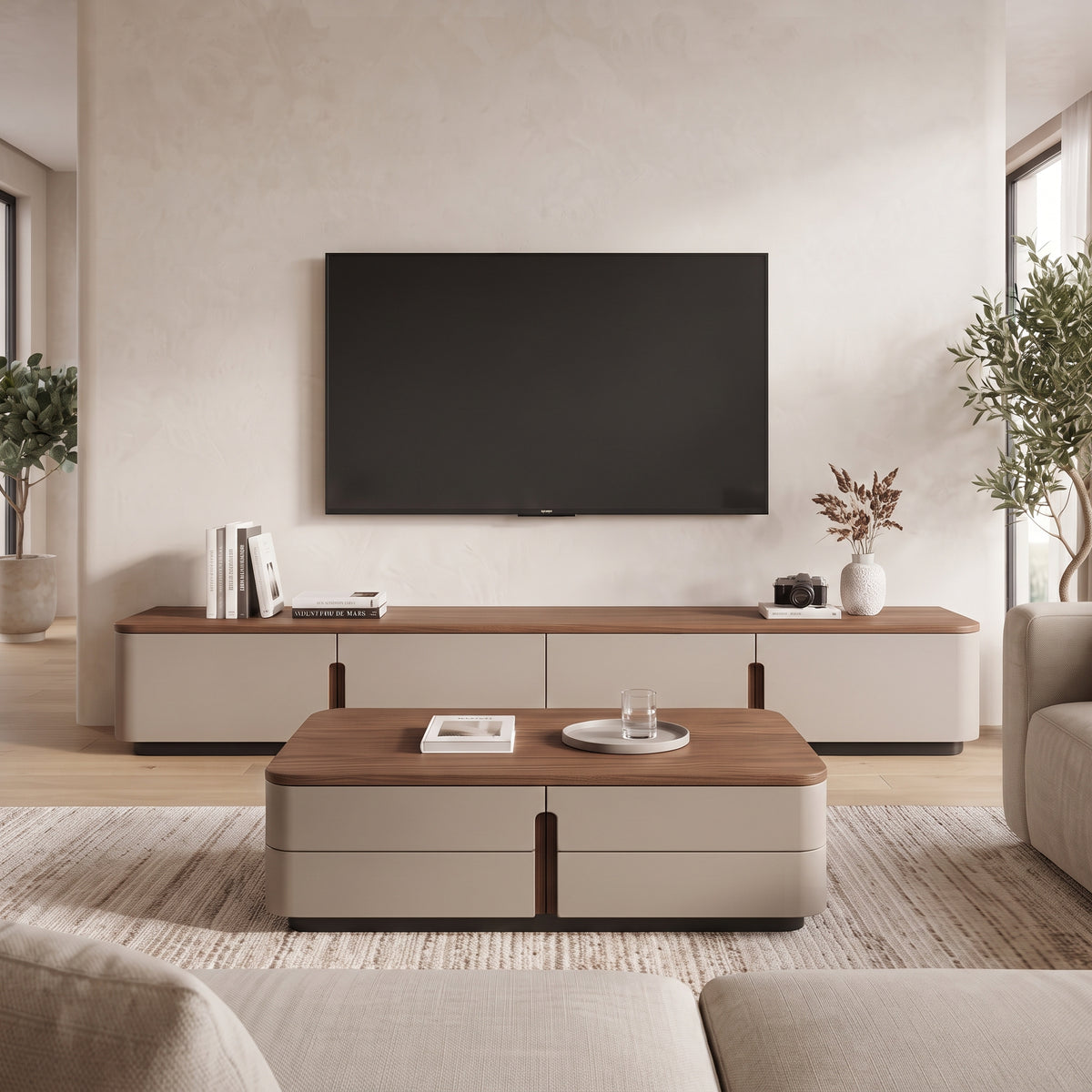 Ensemble table basse et meuble TV bois massif et cuir sellier, 180 ou 200 cm