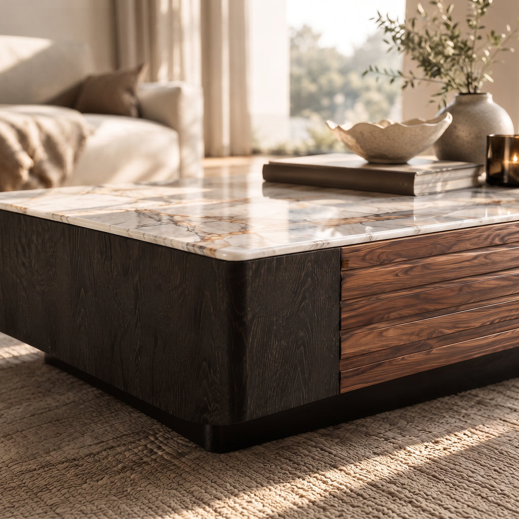 Ensemble table basse et meuble TV effet marbre blanc et noyer, contemporain
