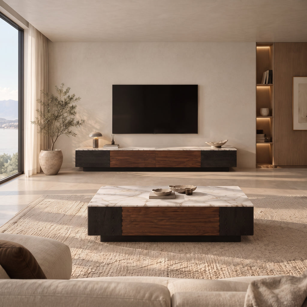 Ensemble table basse et meuble TV effet marbre blanc et noyer, contemporain