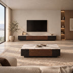 Ensemble table basse et meuble TV effet marbre blanc et noyer, contemporain