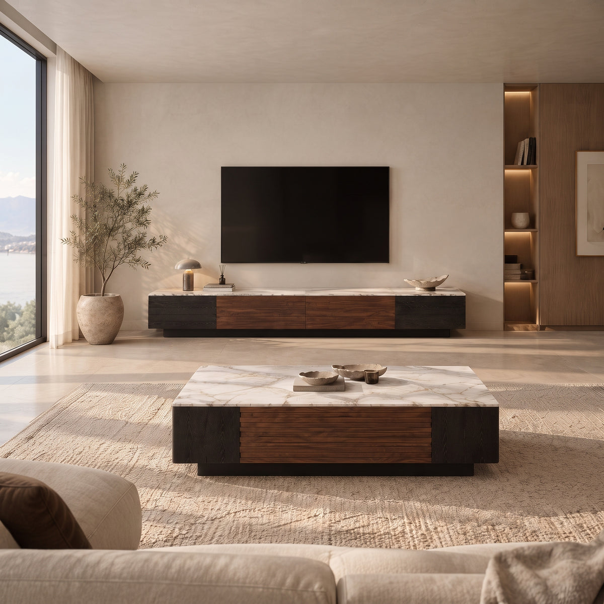 Ensemble table basse et meuble TV effet marbre blanc et noyer, contemporain