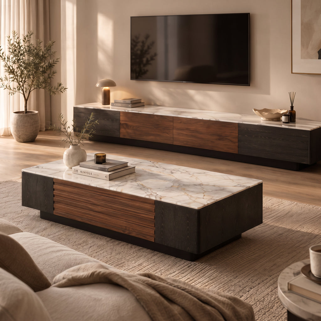 Ensemble table basse et meuble TV effet marbre blanc et noyer, contemporain
