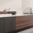 Ensemble table basse et meuble TV effet marbre blanc et noyer, contemporain