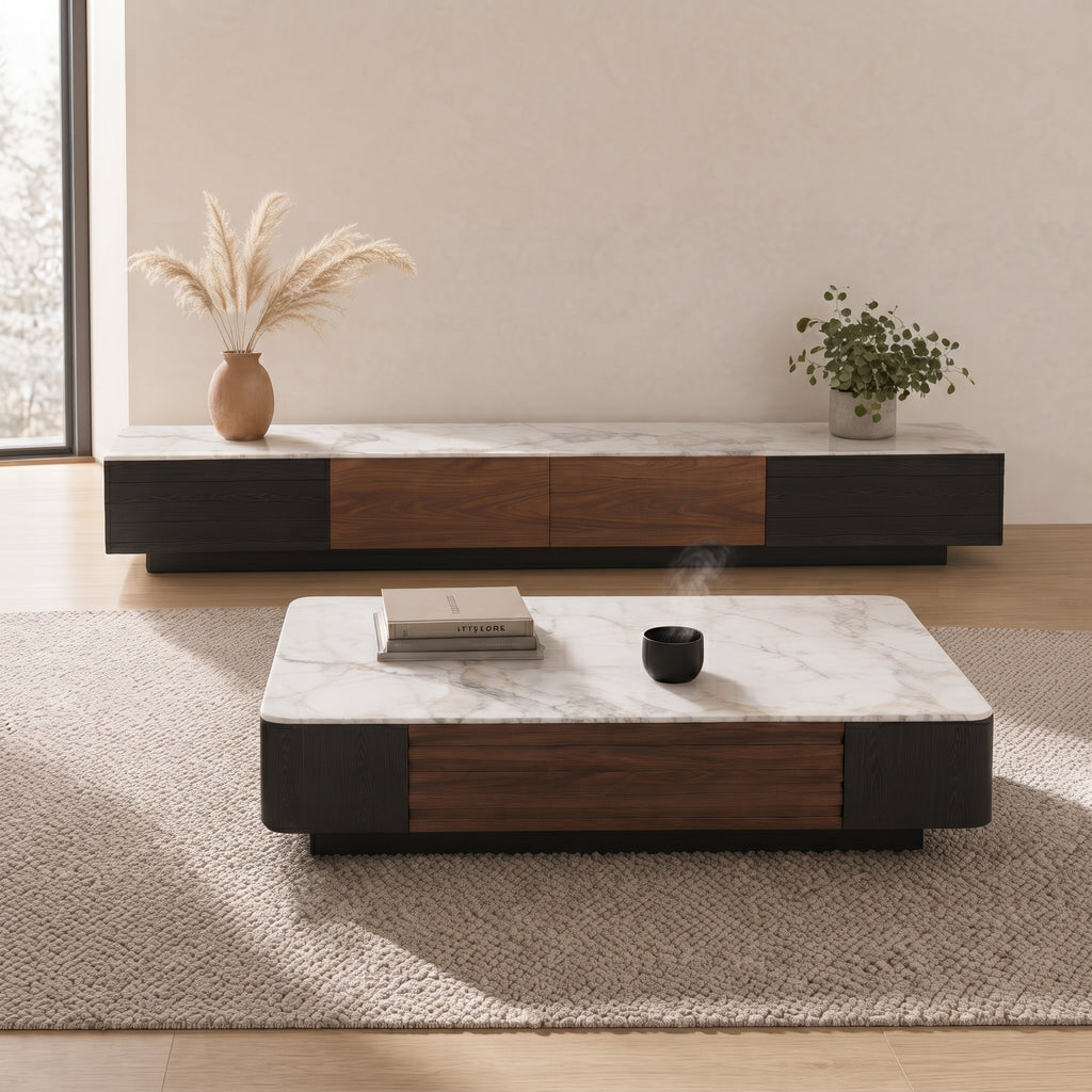 Ensemble table basse et meuble TV effet marbre blanc et noyer, contemporain