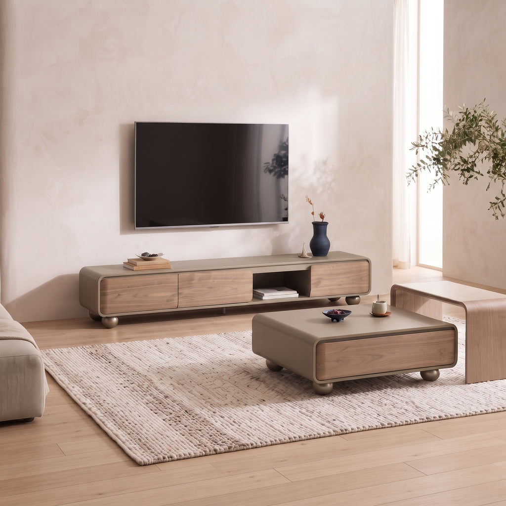 Ensemble table basse, table d'appoint et meuble TV en bois et cuir sellier