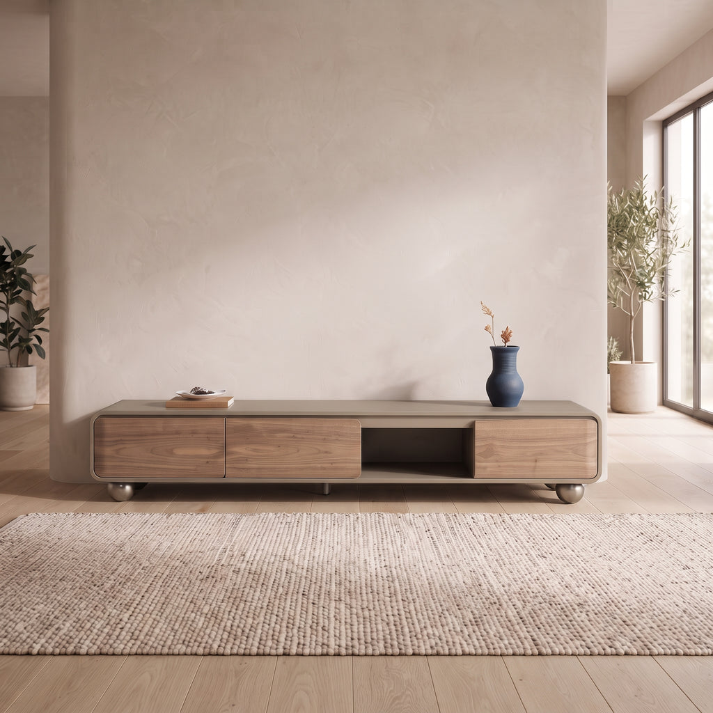 Ensemble table basse, table d'appoint et meuble TV en bois et cuir sellier