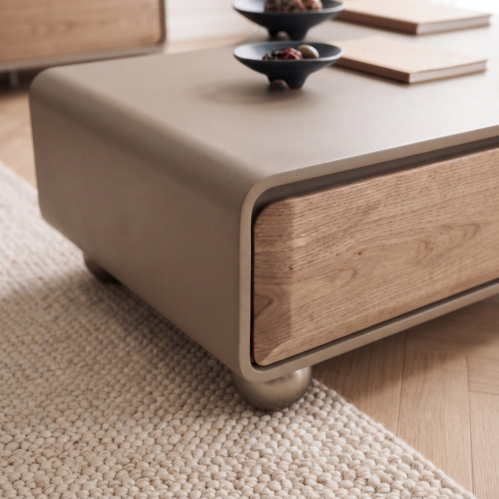 Ensemble table basse, table d'appoint et meuble TV en bois et cuir sellier