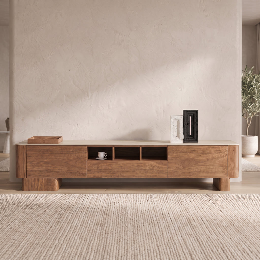 Ensemble table basse, table d'appoint et meuble TV noyer, plateau gravé