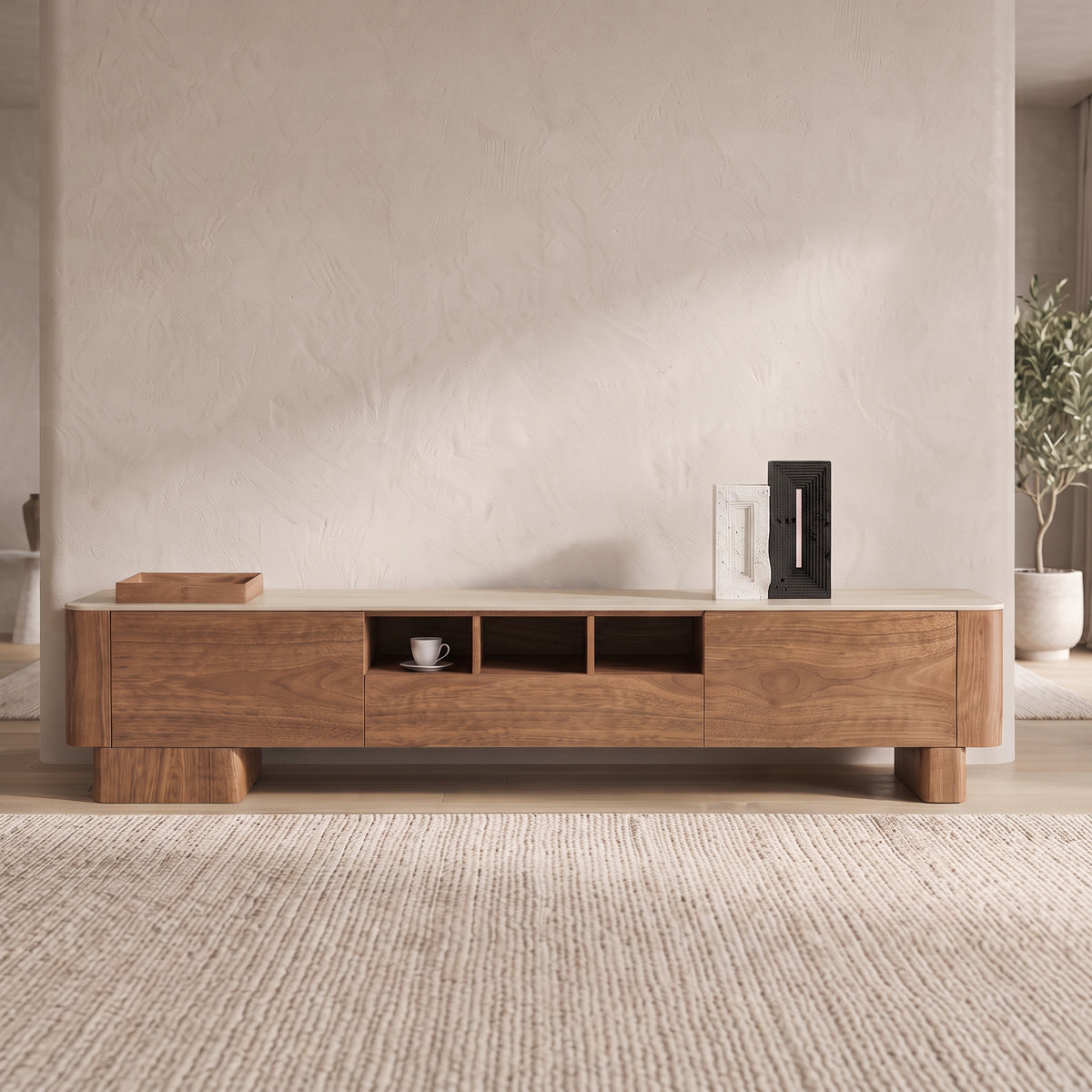 Ensemble table basse, table d'appoint et meuble TV noyer, plateau gravé