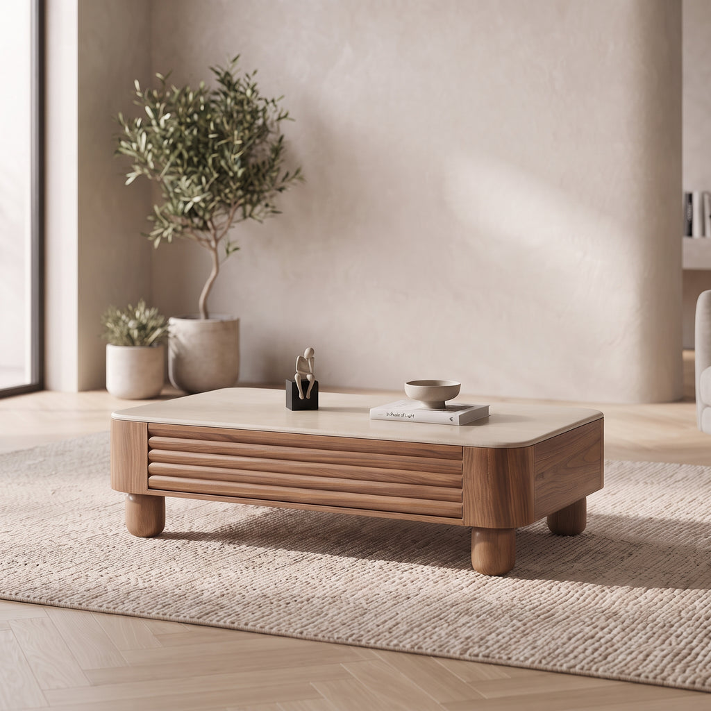 Ensemble table basse, table d'appoint et meuble TV noyer, plateau gravé