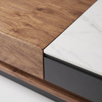 Ensemble table basse et meuble TV pierre blanche et bois laqué, contemporain