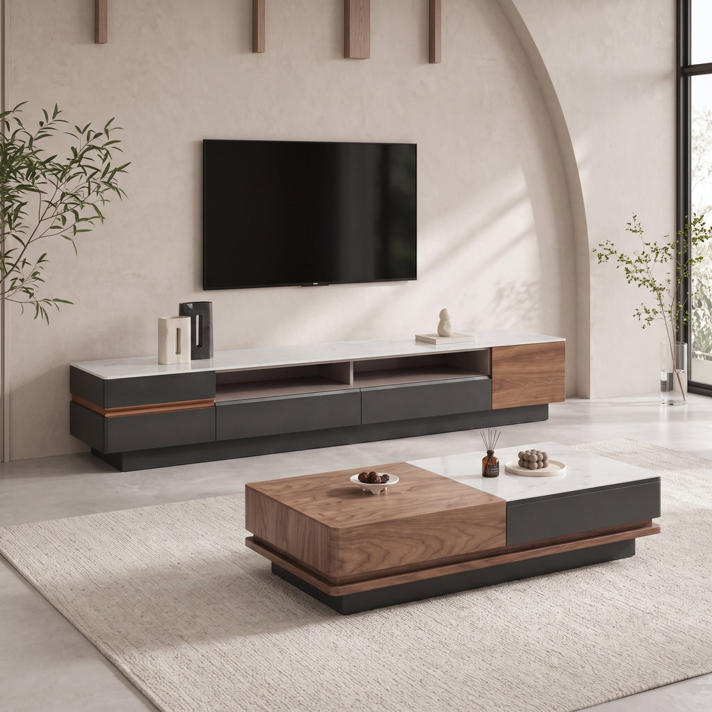 Ensemble table basse et meuble TV pierre blanche et bois laqué, contemporain