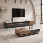 Ensemble table basse et meuble TV pierre blanche et bois laqué, contemporain