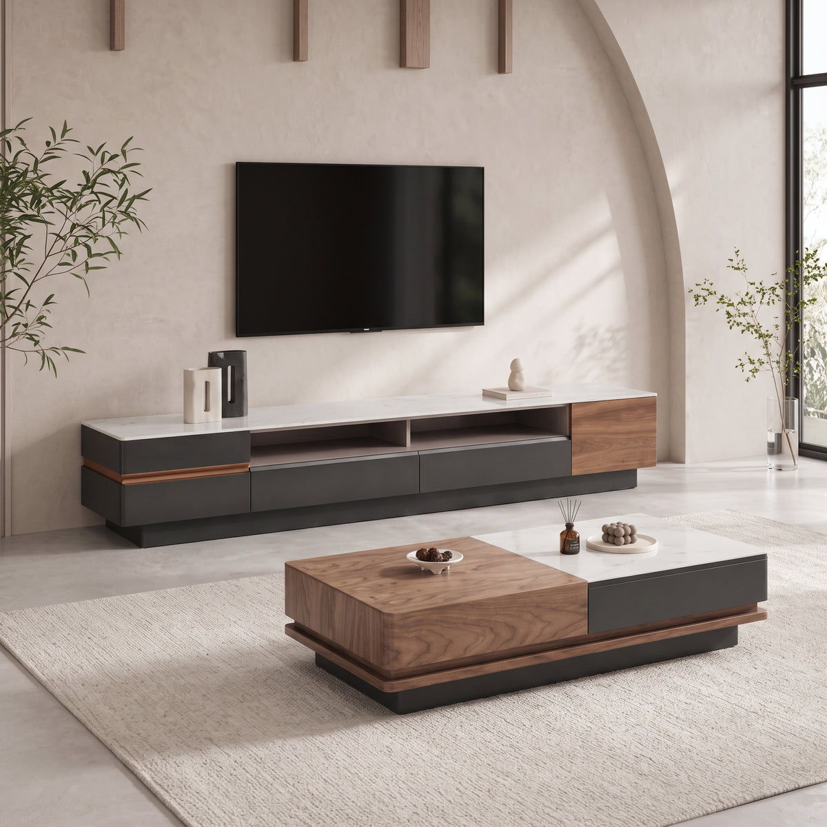Ensemble table basse et meuble TV pierre blanche et bois laqué, contemporain