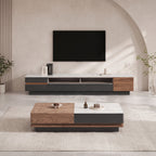 Ensemble table basse et meuble TV pierre blanche et bois laqué, contemporain