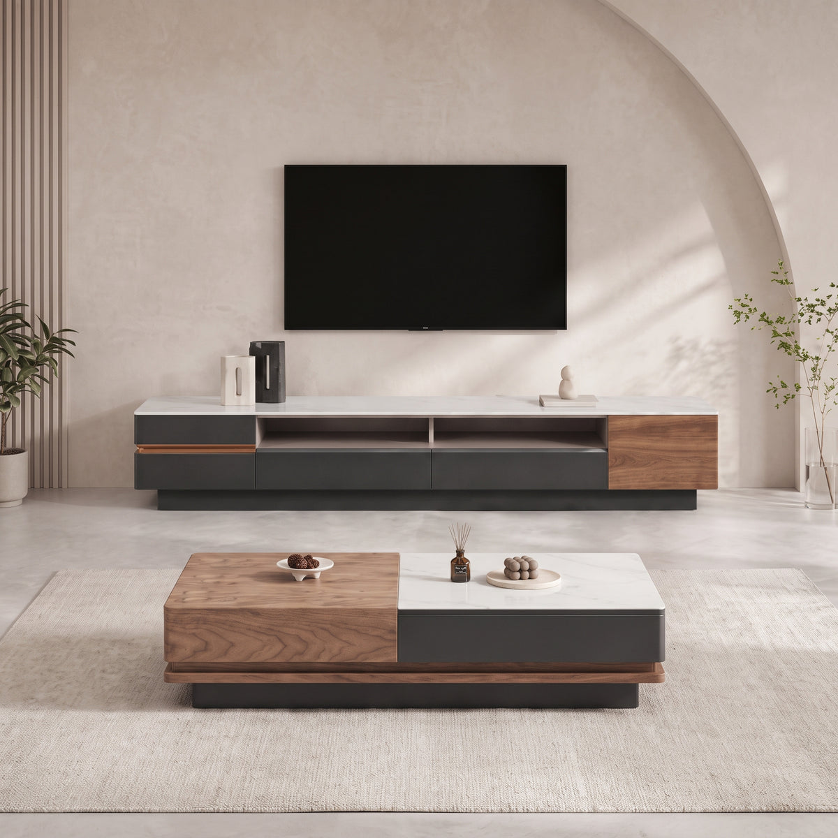 Ensemble table basse et meuble TV pierre blanche et bois laqué, contemporain