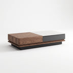 Ensemble table basse et meuble TV pierre blanche et bois laqué, contemporain