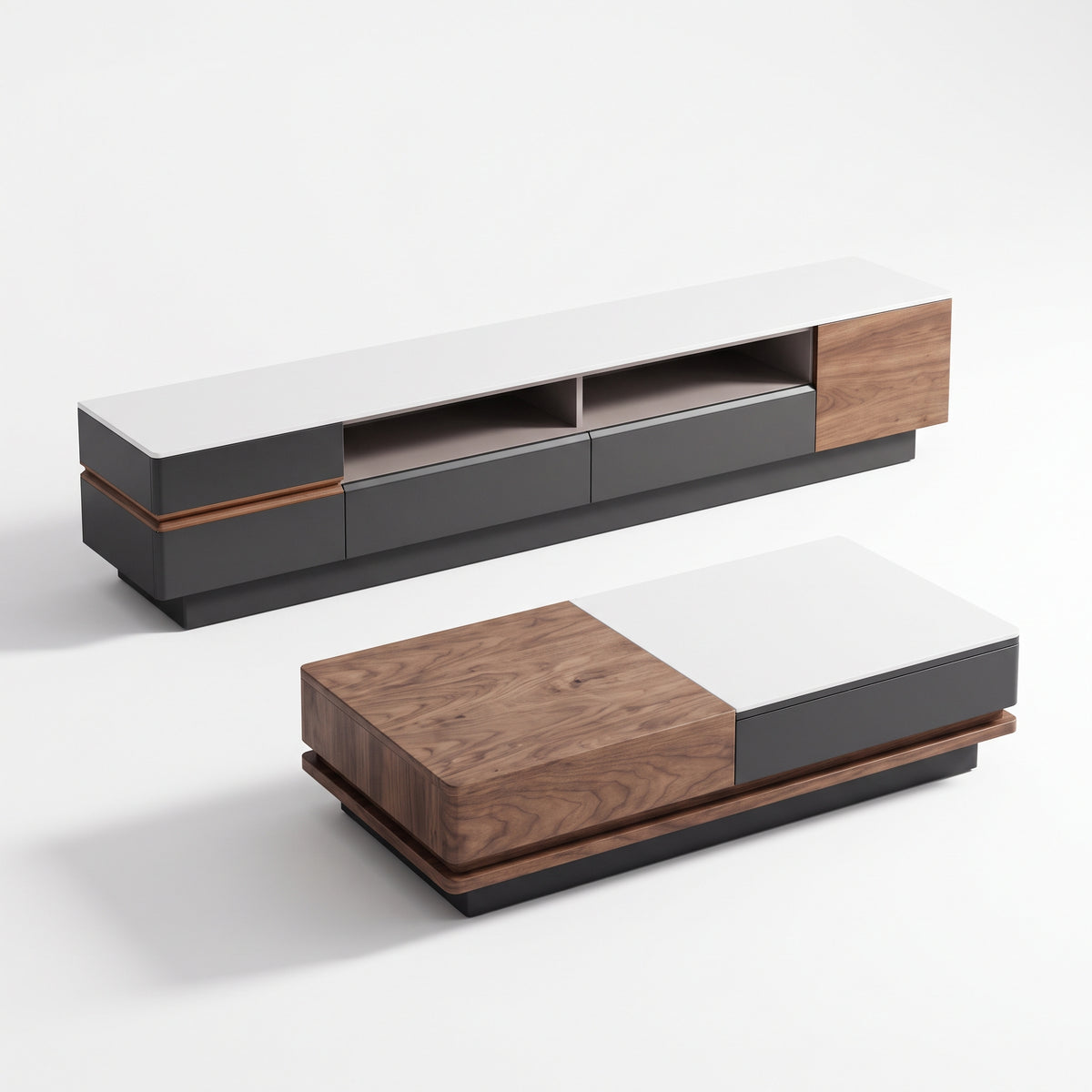 Ensemble table basse et meuble TV pierre blanche et bois laqué, contemporain