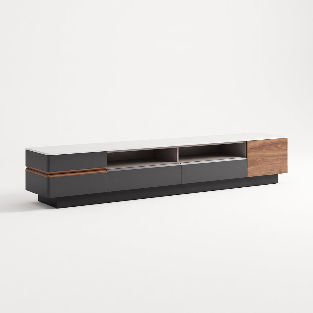 Ensemble table basse et meuble TV pierre blanche et bois laqué, contemporain