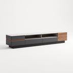 Ensemble table basse et meuble TV pierre blanche et bois laqué, contemporain