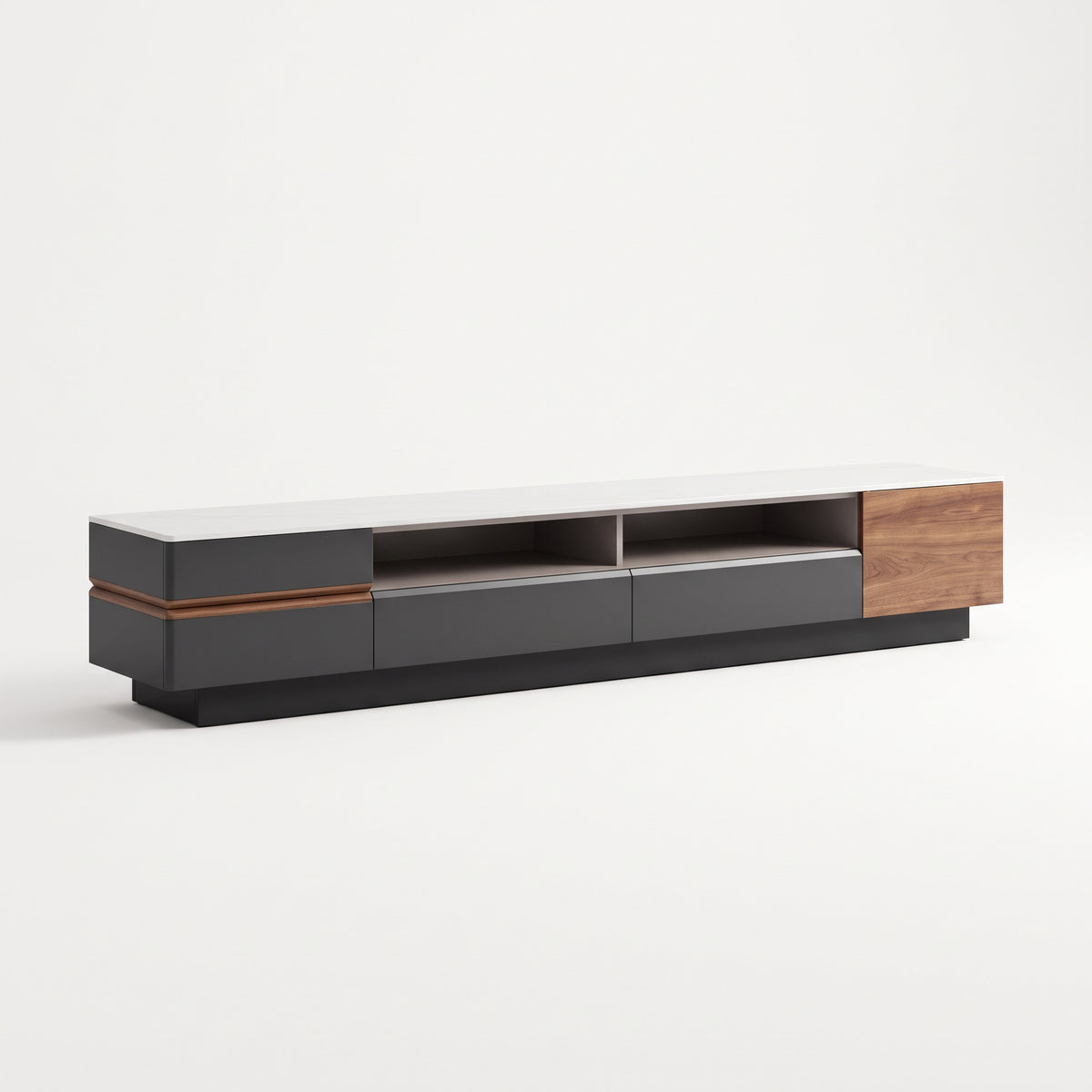 Ensemble table basse et meuble TV pierre blanche et bois laqué, contemporain
