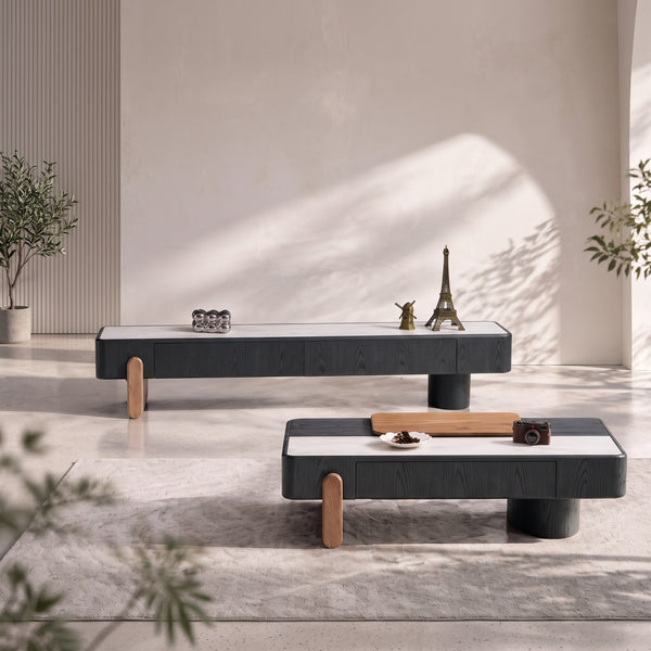 Table basse relevable et meuble TV, plateau pierre et bois laqué