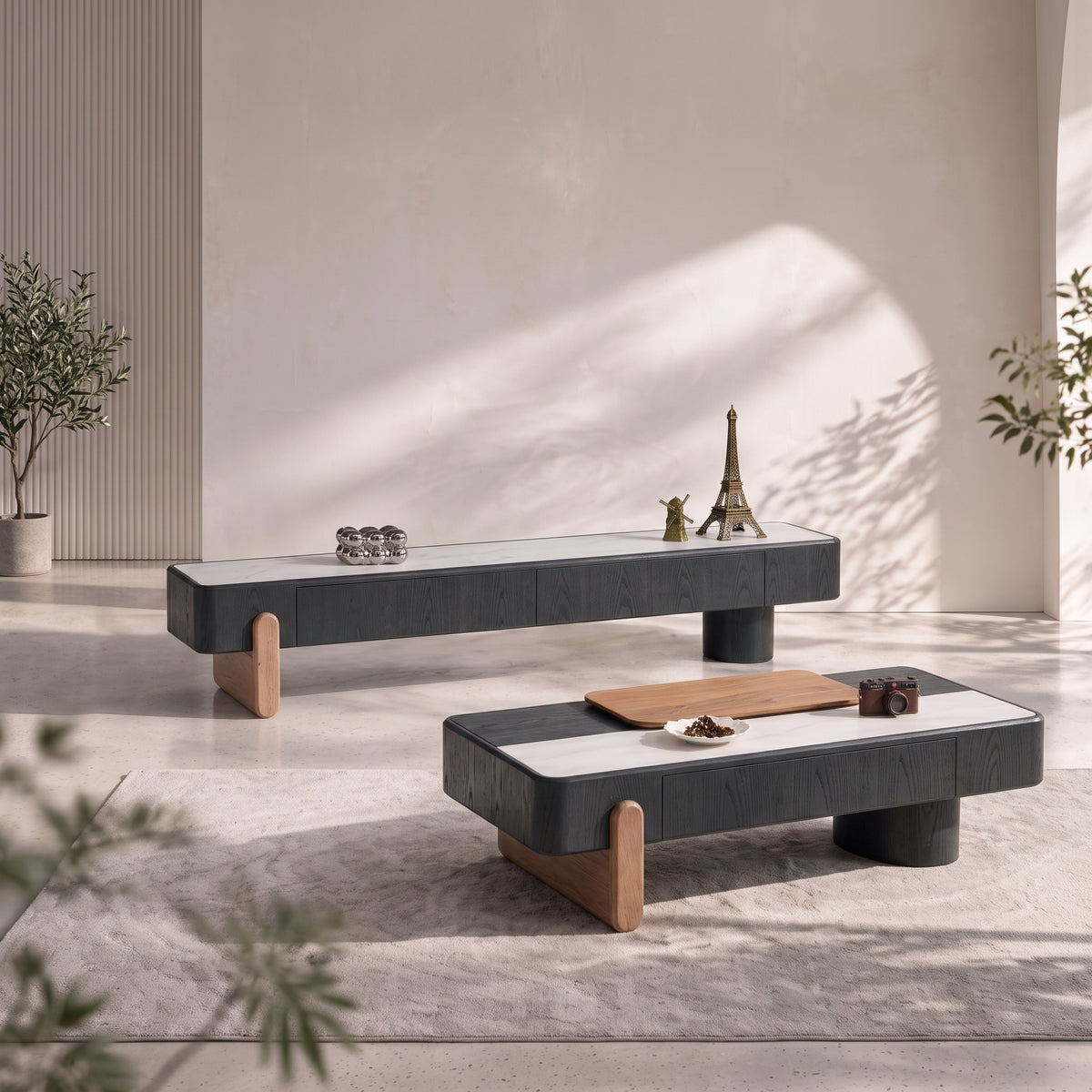 Table basse relevable et meuble TV, plateau pierre et bois laqué