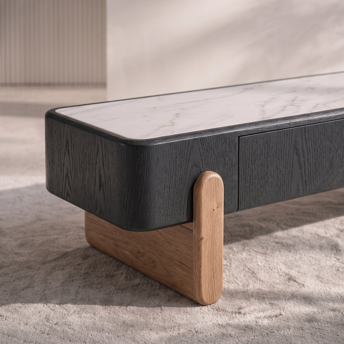 Table basse relevable et meuble TV, plateau pierre et bois laqué
