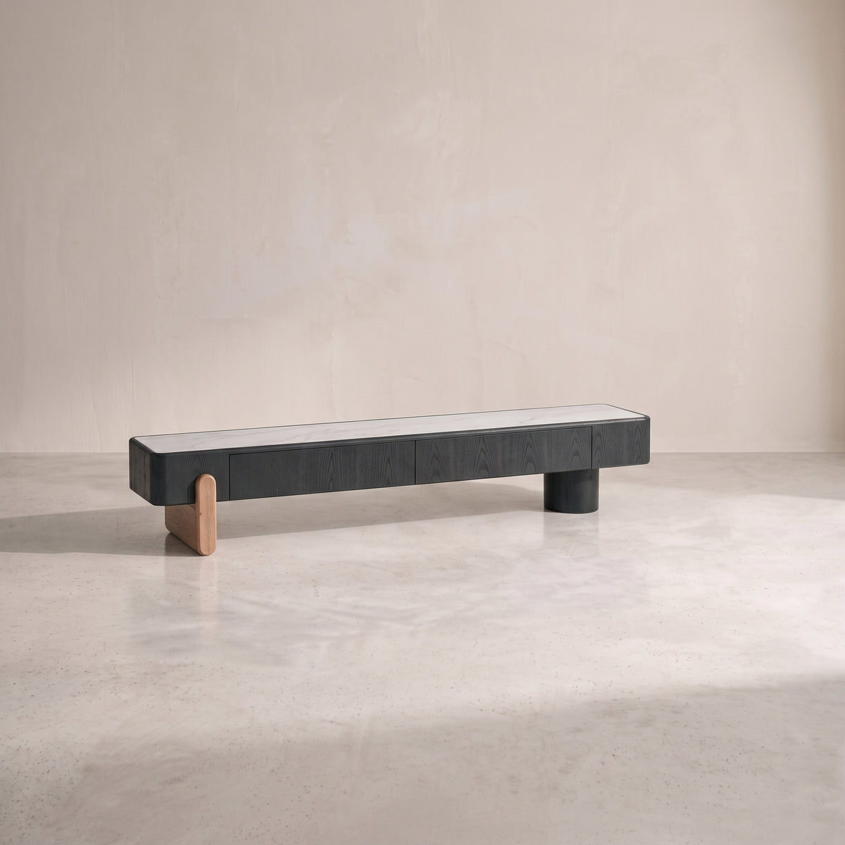 Table basse relevable et meuble TV, plateau pierre et bois laqué