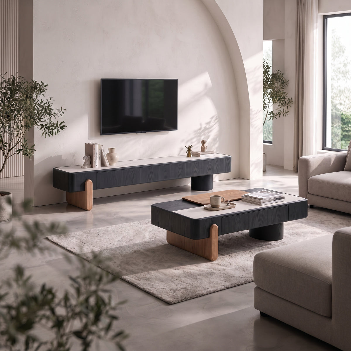 Table basse relevable et meuble TV, plateau pierre et bois laqué