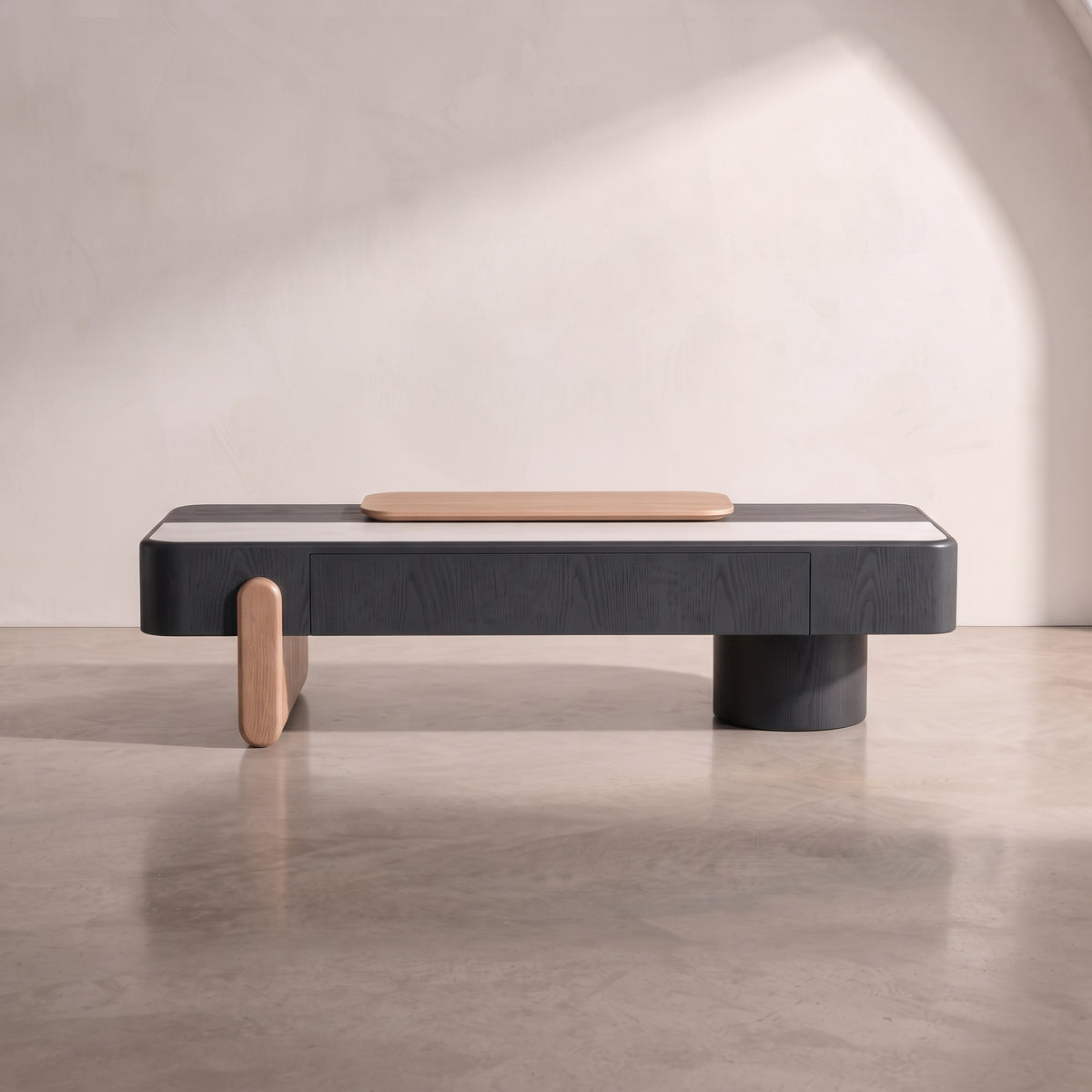 Table basse relevable et meuble TV, plateau pierre et bois laqué
