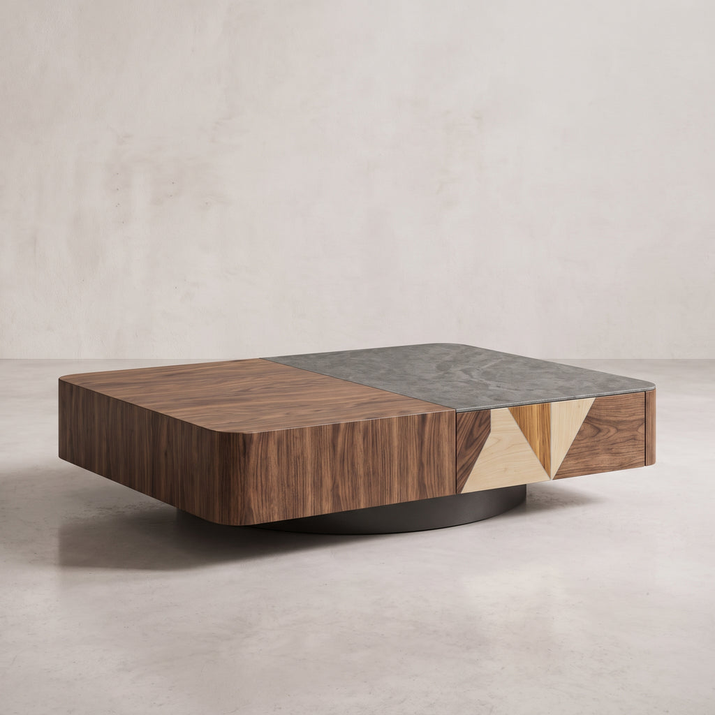 Ensemble table basse et meuble TV effet travertin blanc et bois laqué