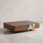Ensemble table basse et meuble TV effet travertin blanc et bois laqué