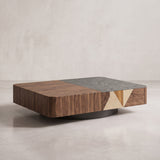 Ensemble table basse et meuble TV effet travertin blanc et bois laqué