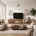 Ensemble table basse et meuble TV effet travertin blanc et bois laqué