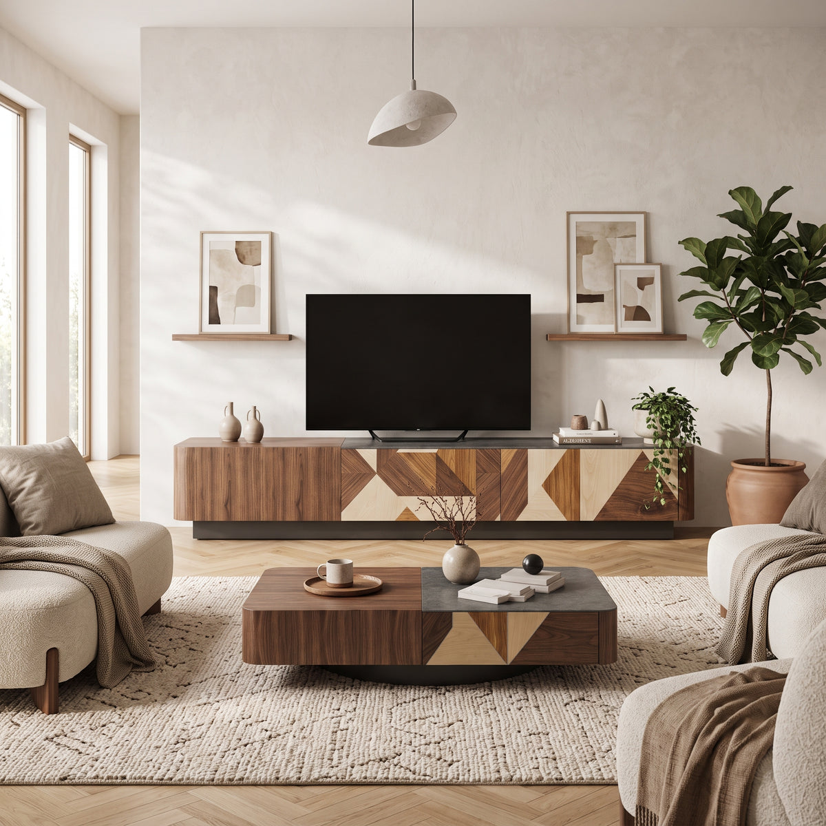Ensemble table basse et meuble TV effet travertin blanc et bois laqué