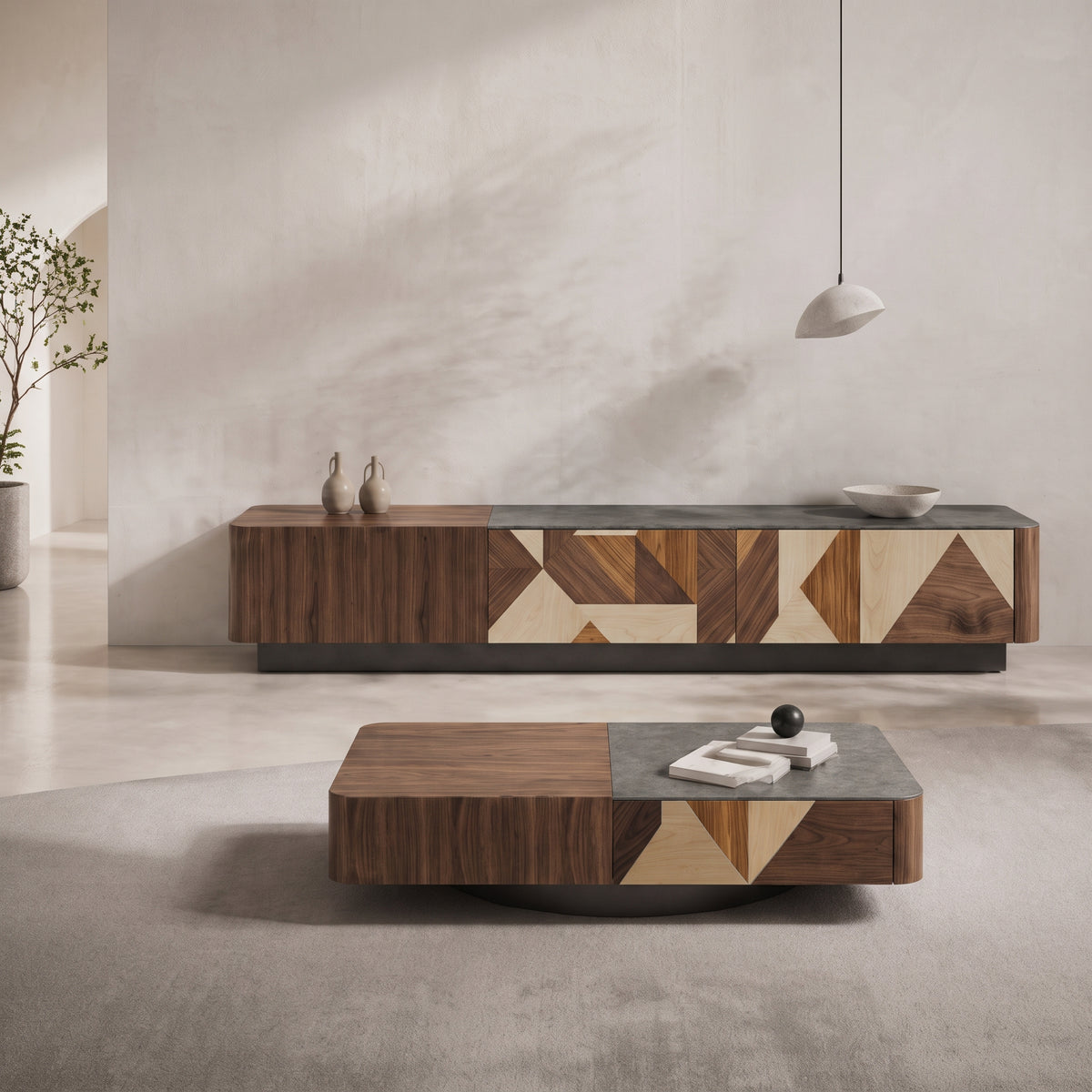 Ensemble table basse et meuble TV effet travertin blanc et bois laqué