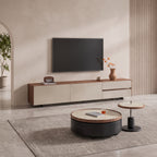 Ensemble tables basses et meuble TV bois et pierre frittée effet travertin