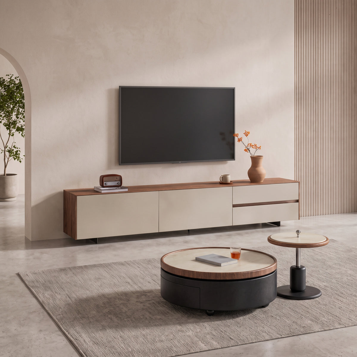 Ensemble tables basses et meuble TV bois et pierre frittée effet travertin