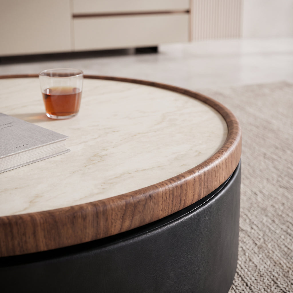 Ensemble tables basses et meuble TV bois et pierre frittée effet travertin