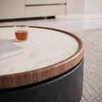 Ensemble tables basses et meuble TV bois et pierre frittée effet travertin