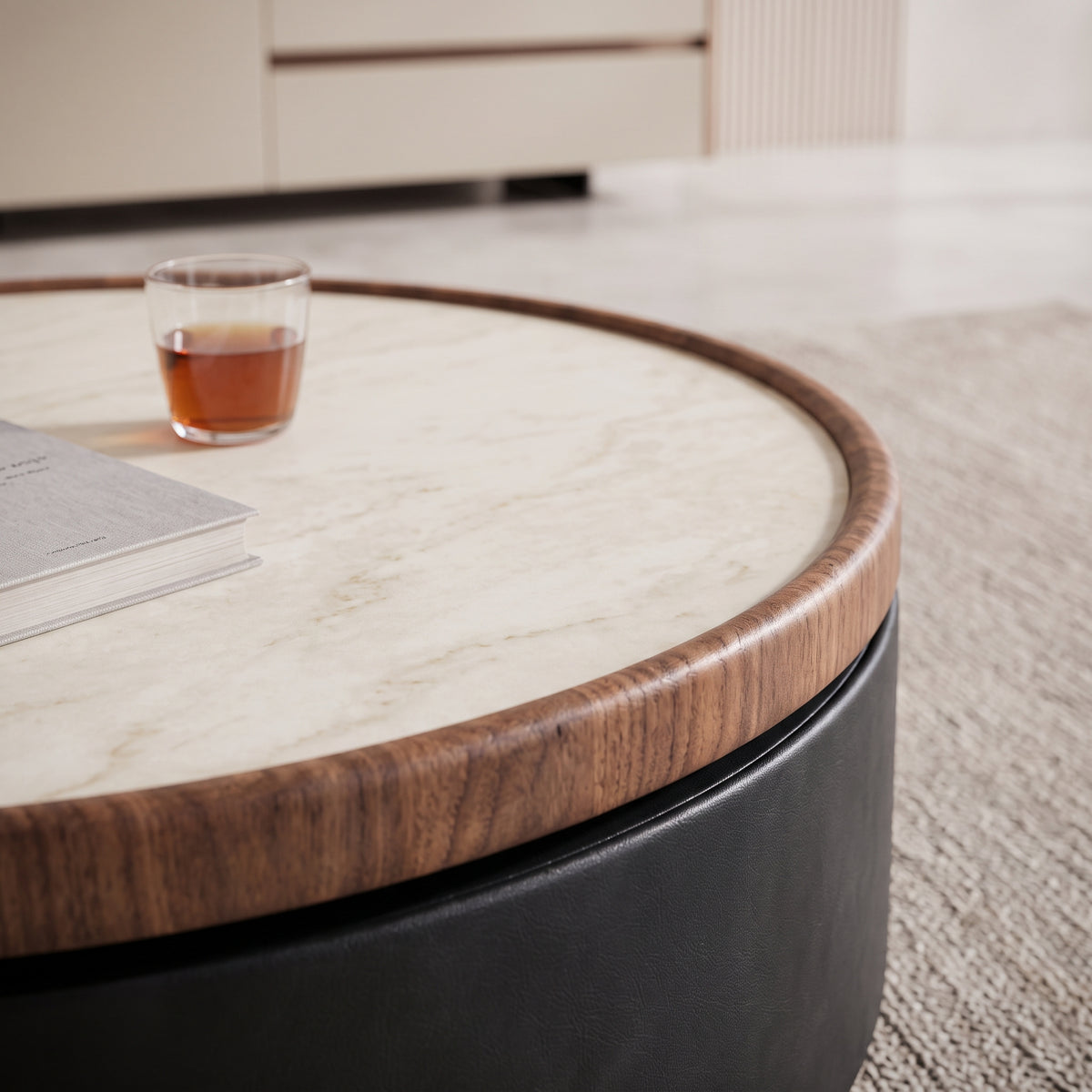 Ensemble tables basses et meuble TV bois et pierre frittée effet travertin