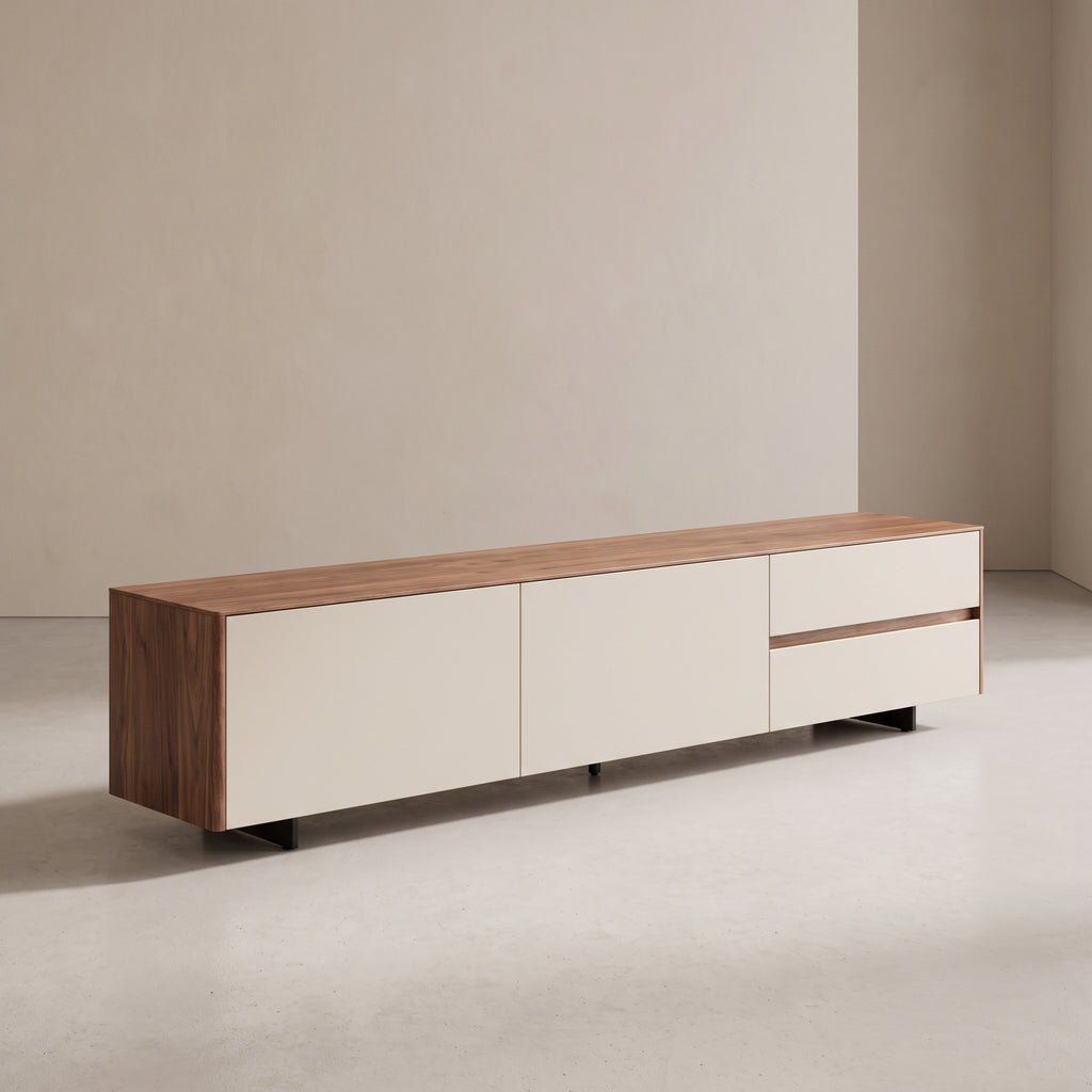 Ensemble tables basses et meuble TV bois et pierre frittée effet travertin