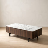 Ensemble table basse et meuble TV marbre blanc et acier inoxydable
