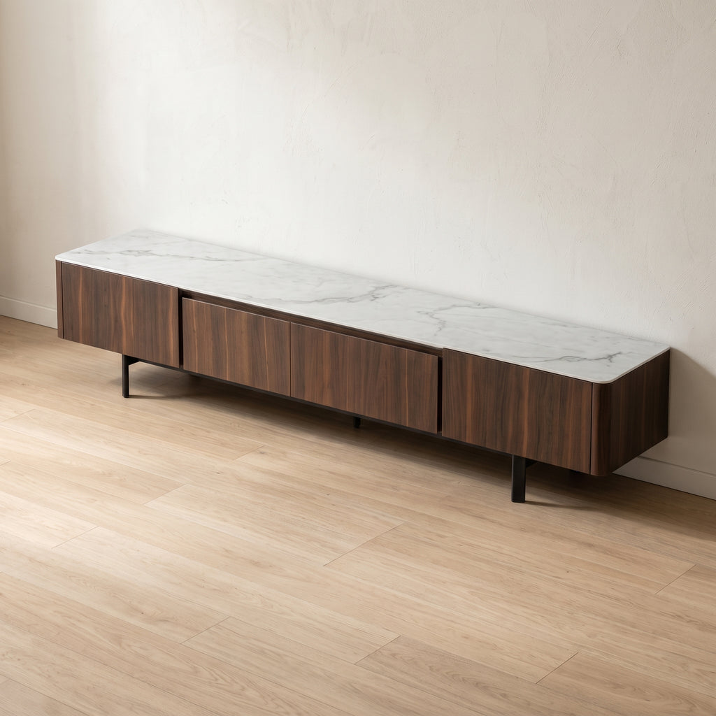 Ensemble table basse et meuble TV marbre blanc et acier inoxydable
