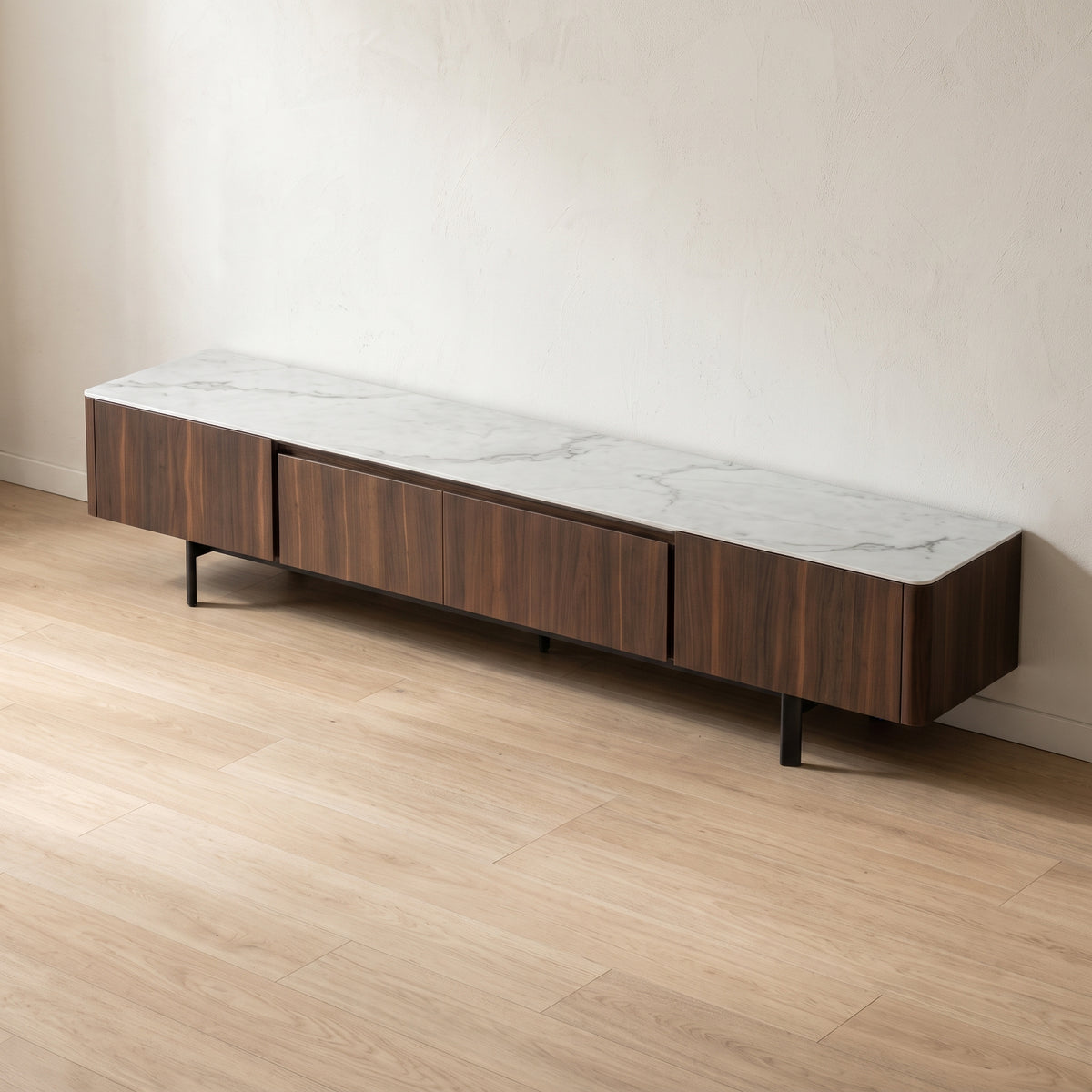 Ensemble table basse et meuble TV marbre blanc et acier inoxydable