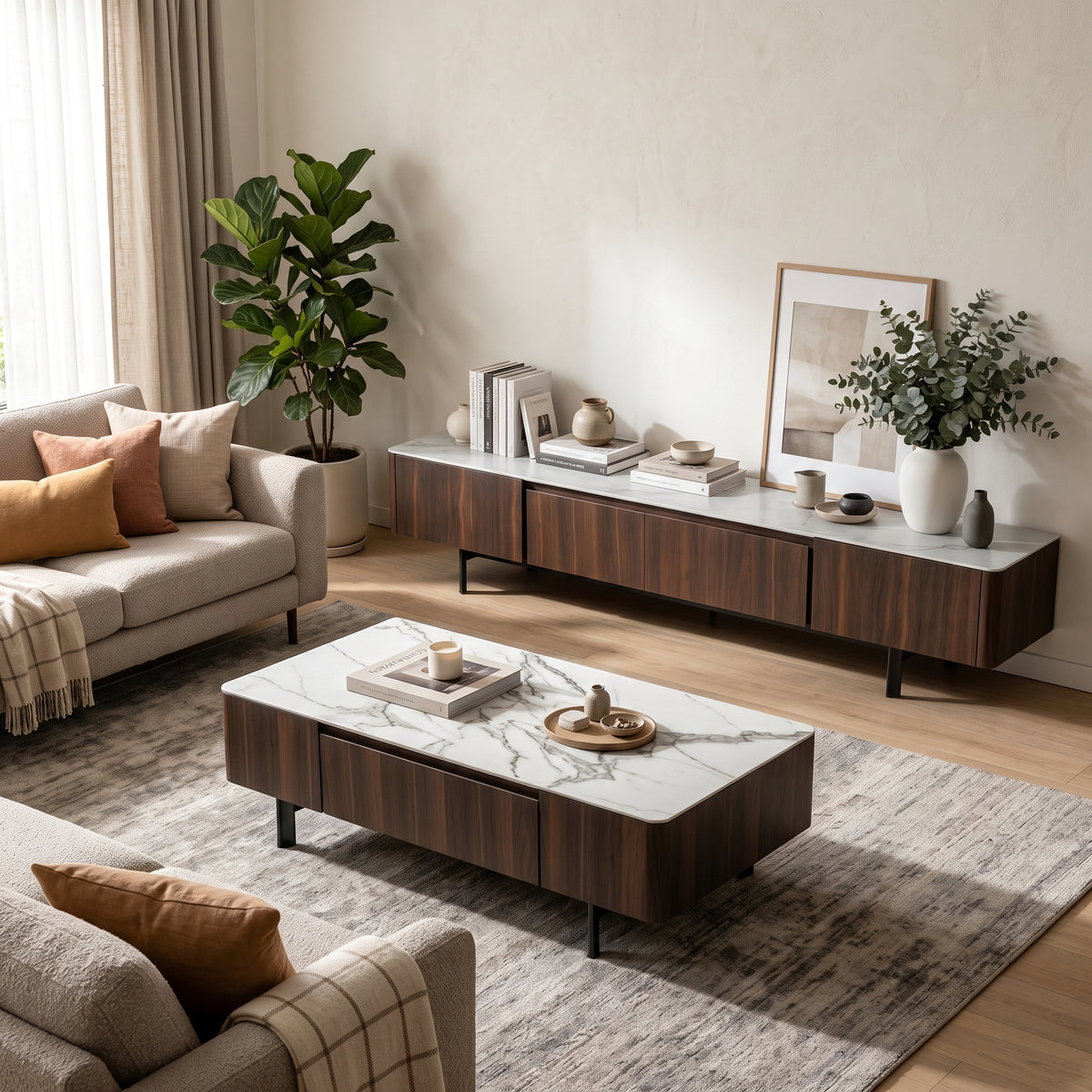 Ensemble table basse et meuble TV marbre blanc et acier inoxydable