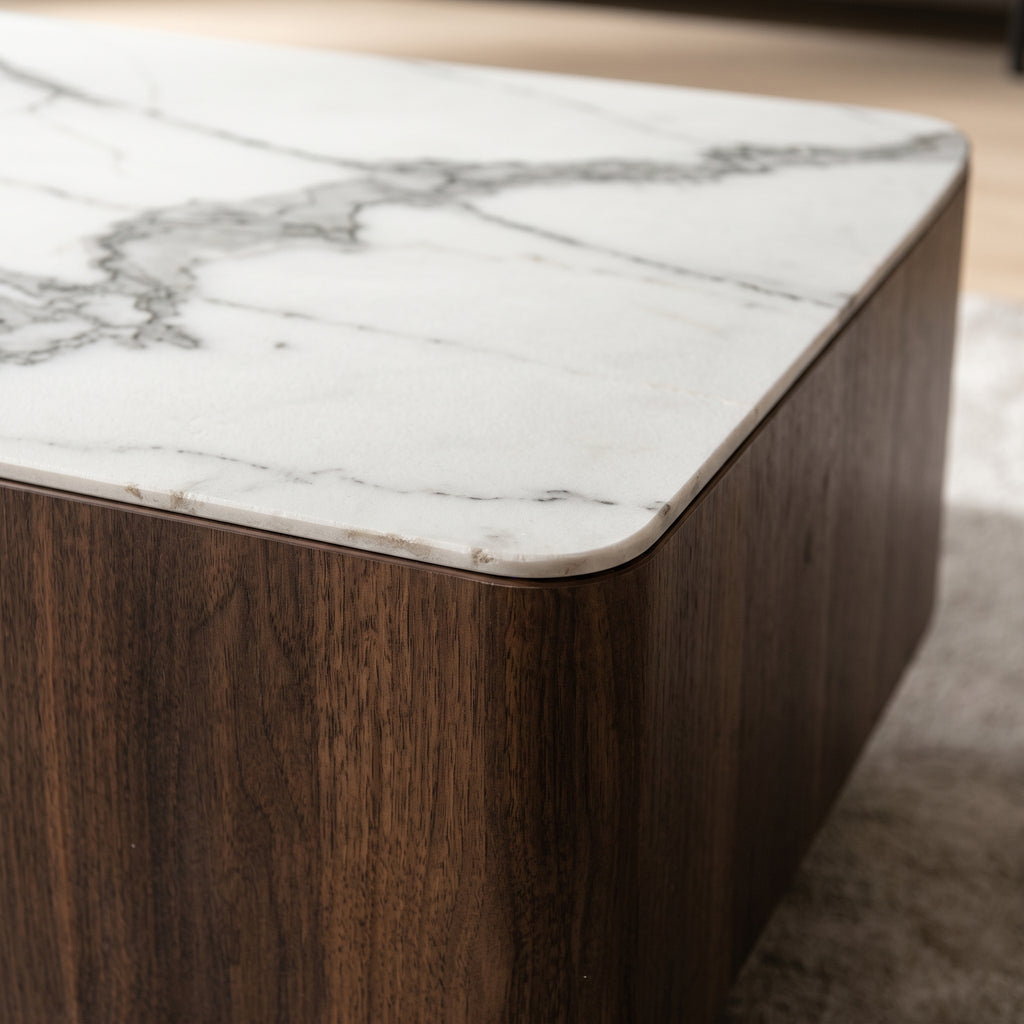 Ensemble table basse et meuble TV marbre blanc et acier inoxydable